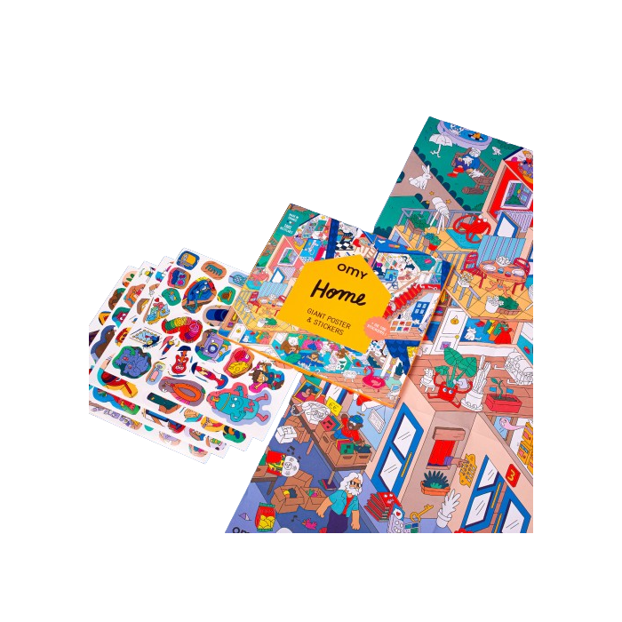 Imagem mostrando o póster gigante OMY Home, os autocolantes e a caixa individualmente, destacando o conteúdo completo.