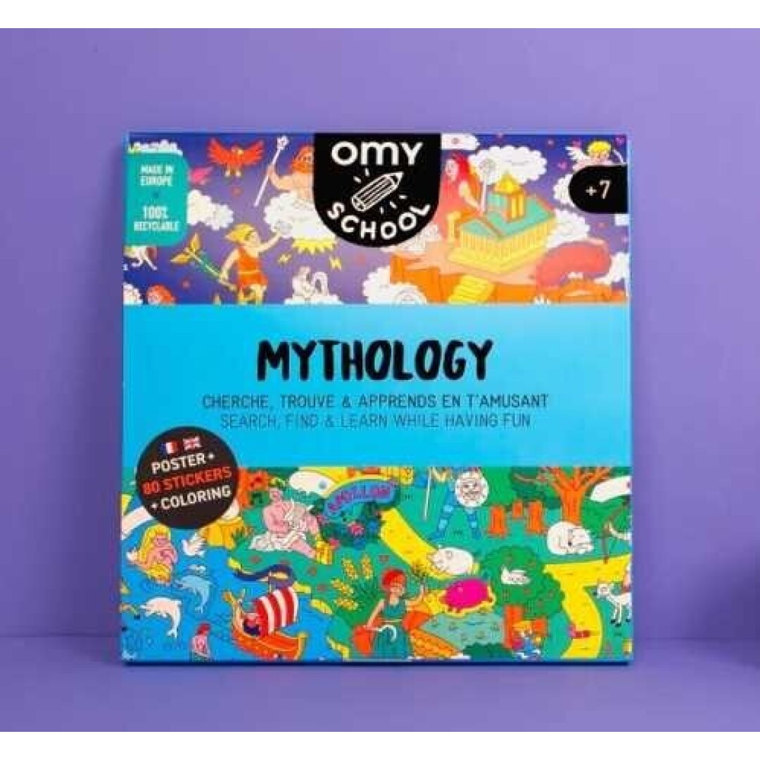 Caixa do póster OMY Mitologia XL, mostrando a arte colorida e o título "Mythology". Ideal para crianças a partir de 7 anos.