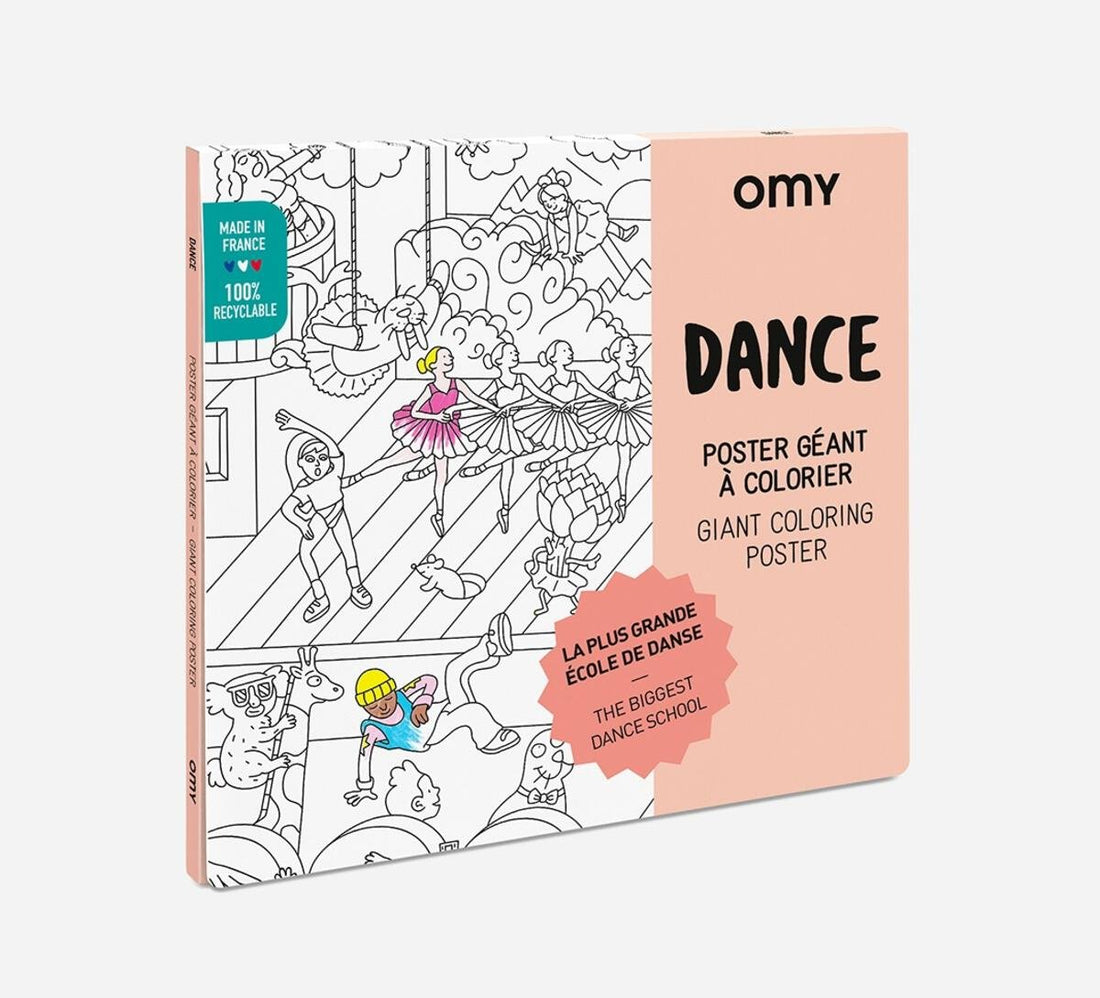 Poster gigante para colorir OMY Dança, caixa fechada mostrando a capa com ilustrações de bailarinas e detalhes do produto.