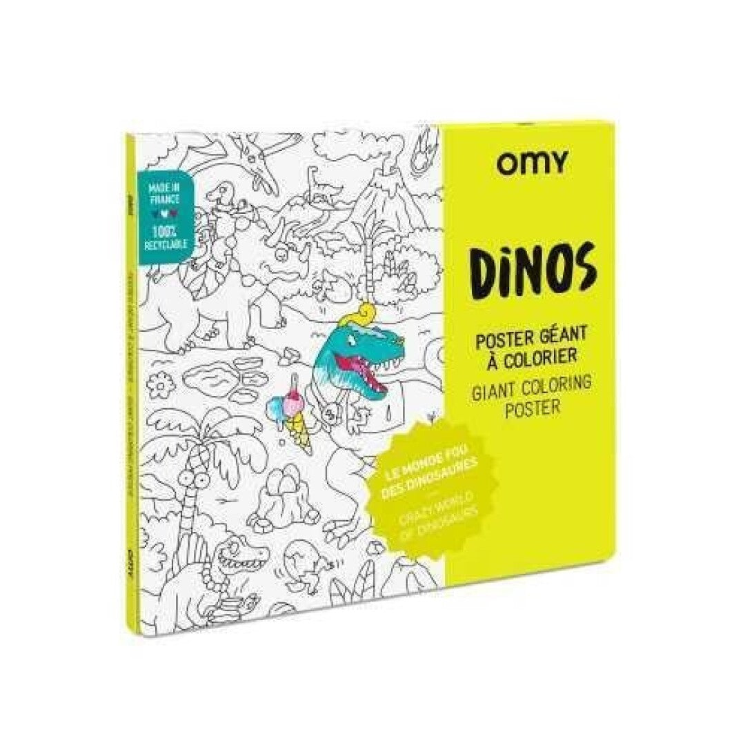 Caixa do Poster Gigante para Pintar OMY Dinos, mostrando a capa com ilustração de dinossauros e detalhes do produto.