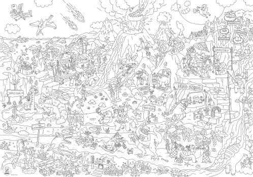 Poster Gigante para Pintar OMY Dinos completamente desenhado a preto e branco, mostrando o tamanho e a complexidade do desenho.