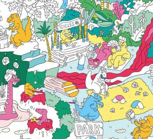 Detalhe do Poster Gigante para Pintar OMY Dinos, mostrando a riqueza de detalhes e personagens dos dinossauros.