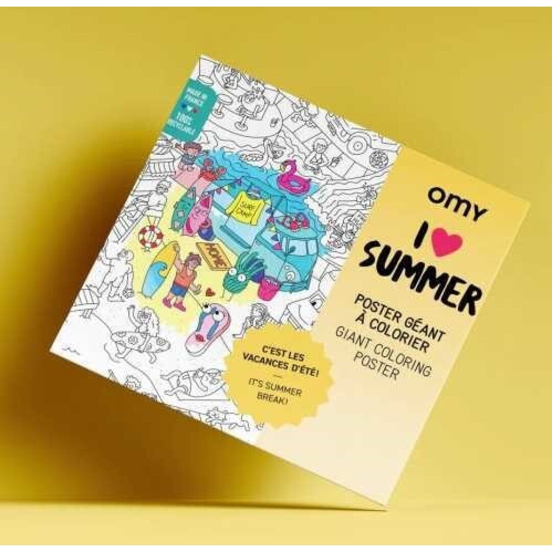 Póster gigante para colorir "I Love Summer" da OMY, dobrado, mostrando a capa com ilustrações de verão e o logo da marca.