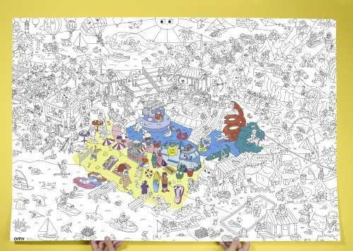 Detalhe do póster gigante para colorir "I Love Summer" da OMY, desdobrado, mostrando a riqueza de detalhes e ilustrações de praia.