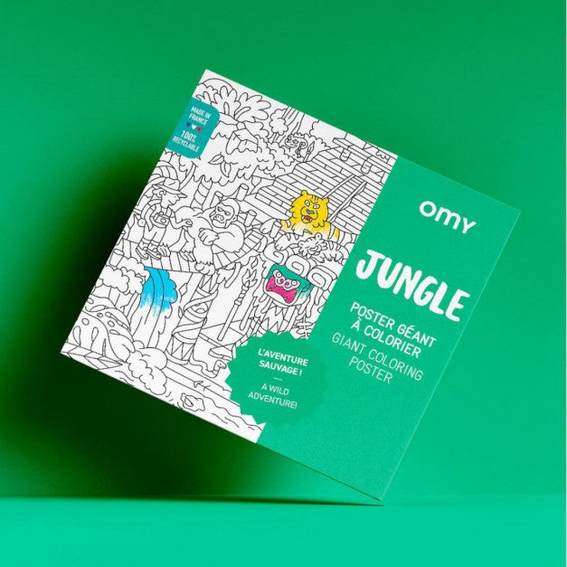 Caixa do Poster Gigante para Pintar OMY Jungle, mostrando a capa com ilustrações da selva e o logo da OMY.