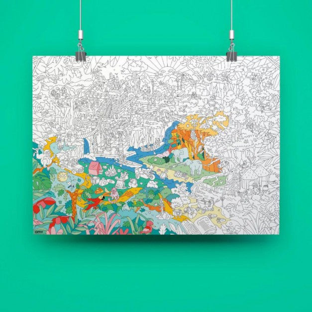 Caixa do Poster Gigante para Pintar OMY Jungle, mostrando a capa com ilustrações da selva e o logo da OMY.