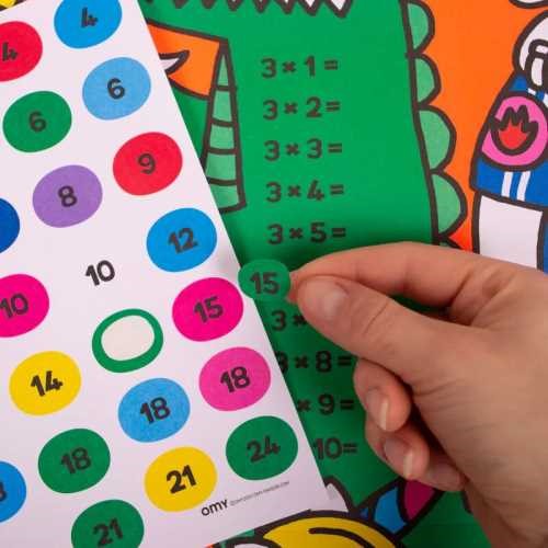 Mão a colocar um adesivo num poster de multiplicações, mostrando os adesivos coloridos com os resultados das operações matemáticas.