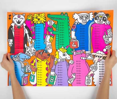 Poster gigante de multiplicações da OMY School, com ilustrações coloridas de animais e personagens, mostrando as tabuadas de multiplicação de forma visual e divertida.