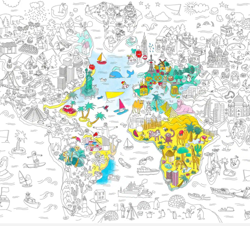 Detalhe do poster gigante da OMY com desenhos de todo o mundo.