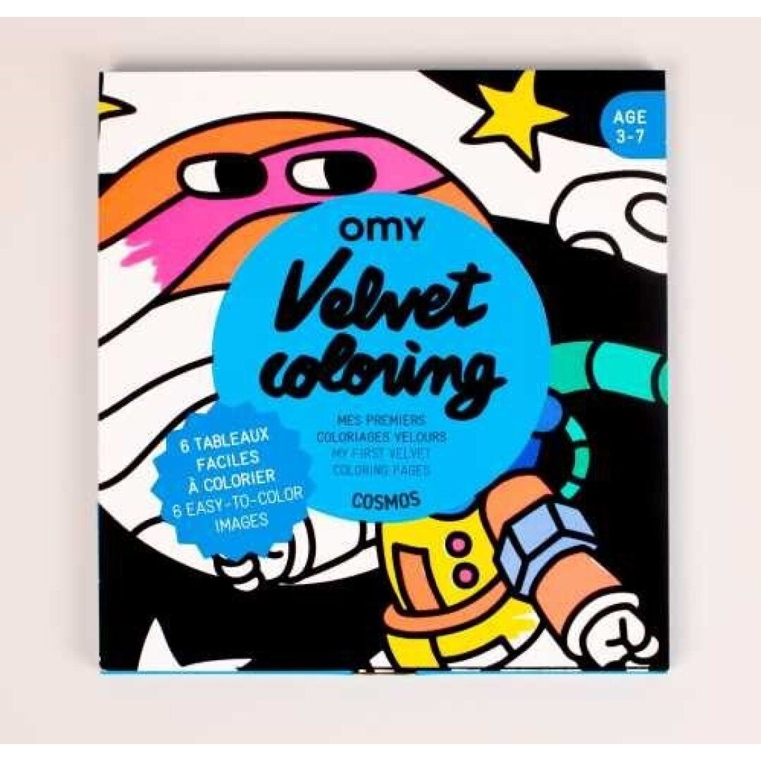 Capa do livro OMY Velvet Coloring com tema espacial, mostrando desenhos coloridos e aveludados.