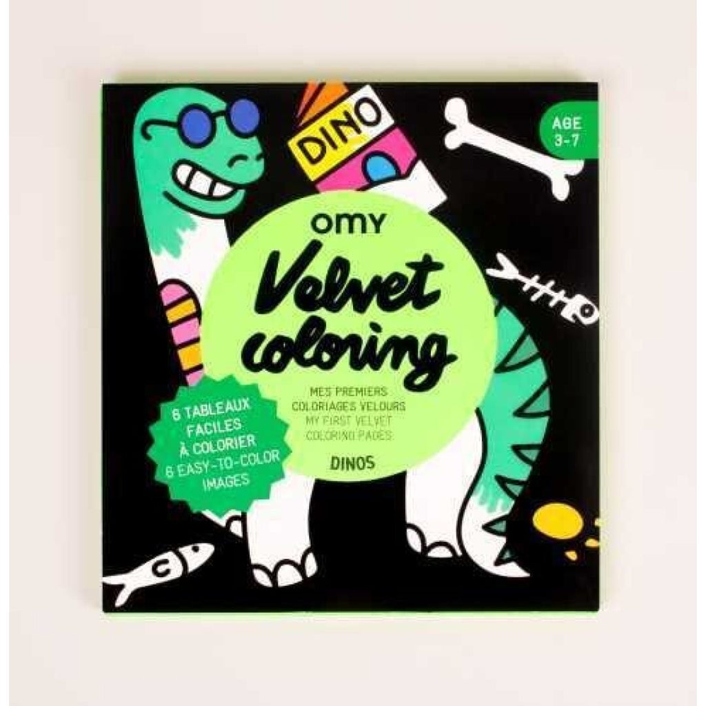 Capa do livro OMY Velvet Coloring com tema de dinossauros, mostrando desenhos coloridos e aveludados.