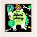 Capa do livro OMY Velvet Coloring com tema de dinossauros, mostrando desenhos coloridos e aveludados.