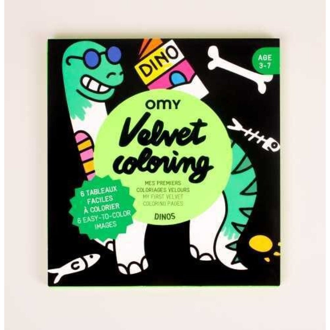 Capa do livro OMY Velvet Coloring com tema de dinossauros, mostrando desenhos coloridos e aveludados.