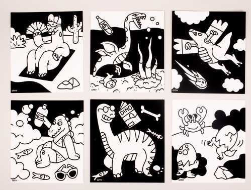 Seis páginas do livro OMY Velvet Coloring com tema de dinossauros, com desenhos em preto e branco prontos para pintar.
