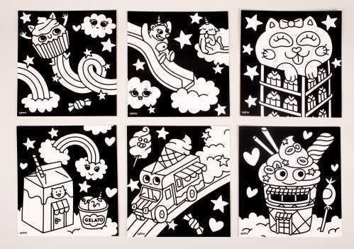 Seis páginas do livro OMY Velvet Coloring com desenhos em preto e branco prontos para pintar, com temas diversos e cativantes.