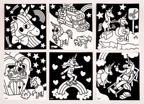 Seis páginas do livro OMY Velvet Coloring com tema de unicórnios, com desenhos em preto e branco prontos para pintar.