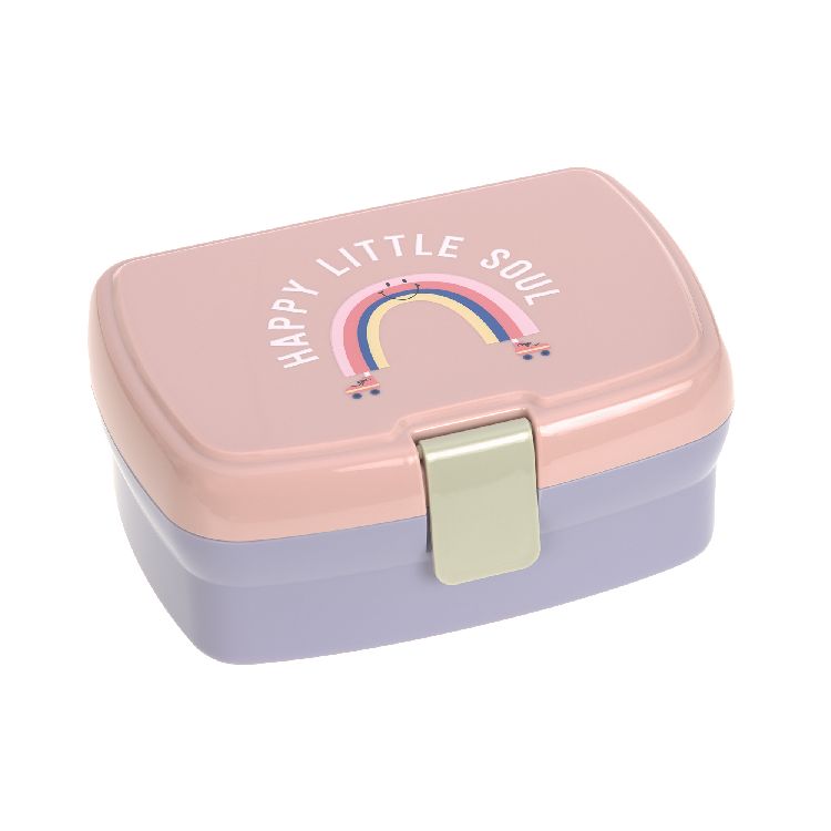 Lassig lancheira Lunchbox Rainbow fechada, em tons de rosa e lilás, com ilustração de arco-íris e a frase "Happy Little Soul".