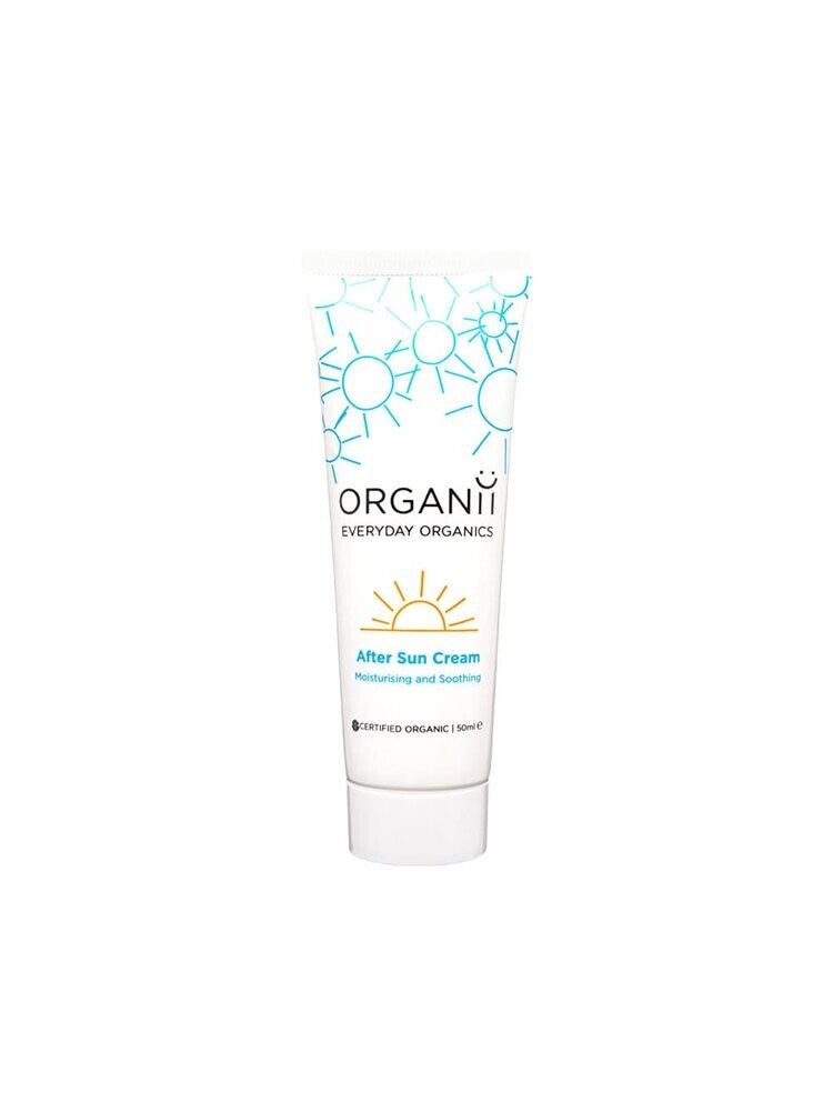 Creme pós-solar Organii After Sun 50ml, embalagem branca com design minimalista e ingredientes orgânicos certificados.