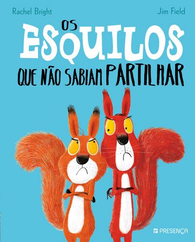 Ilustração colorida e vibrante do livro "Os Esquilos que não Sabiam Partilhar", mostrando os esquilos protagonistas numa cena divertida e cheia de ação.