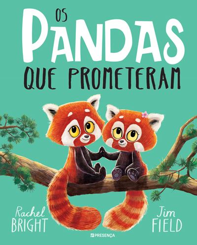 Ilustração encantadora do livro "Os Pandas que Prometeram", mostrando duas irmãs pandas fofas sentadas em um galho de árvore, com fundo verde-água.