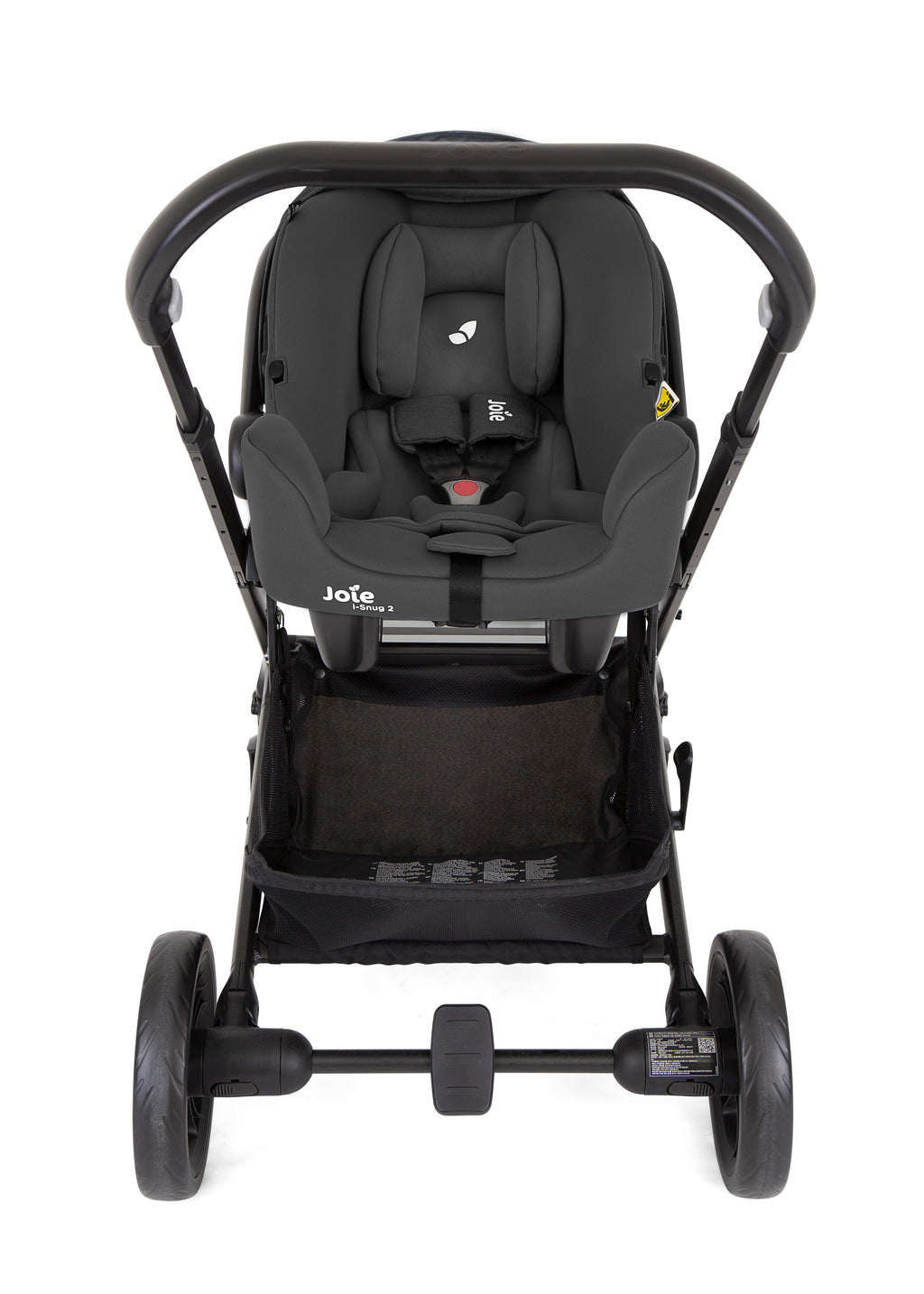 Ovo Joie i-Snug 2 (cadeira auto bebé) instalado no chassis do carrinho Joie Chrome, vista frontal.