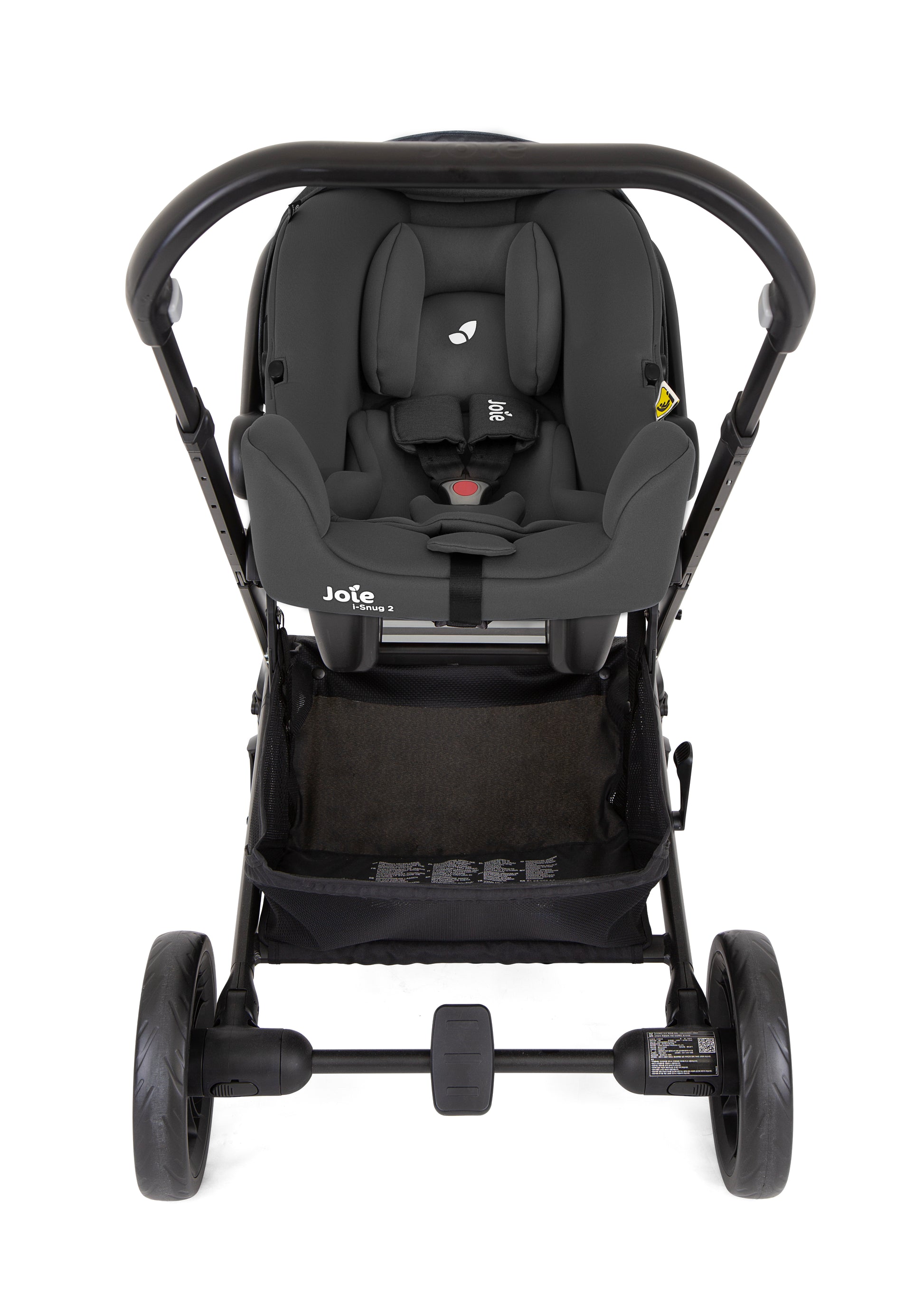 Ovo Joie i-Snug 2 (cadeira auto bebé) instalado no chassis do carrinho Joie Chrome, vista frontal.