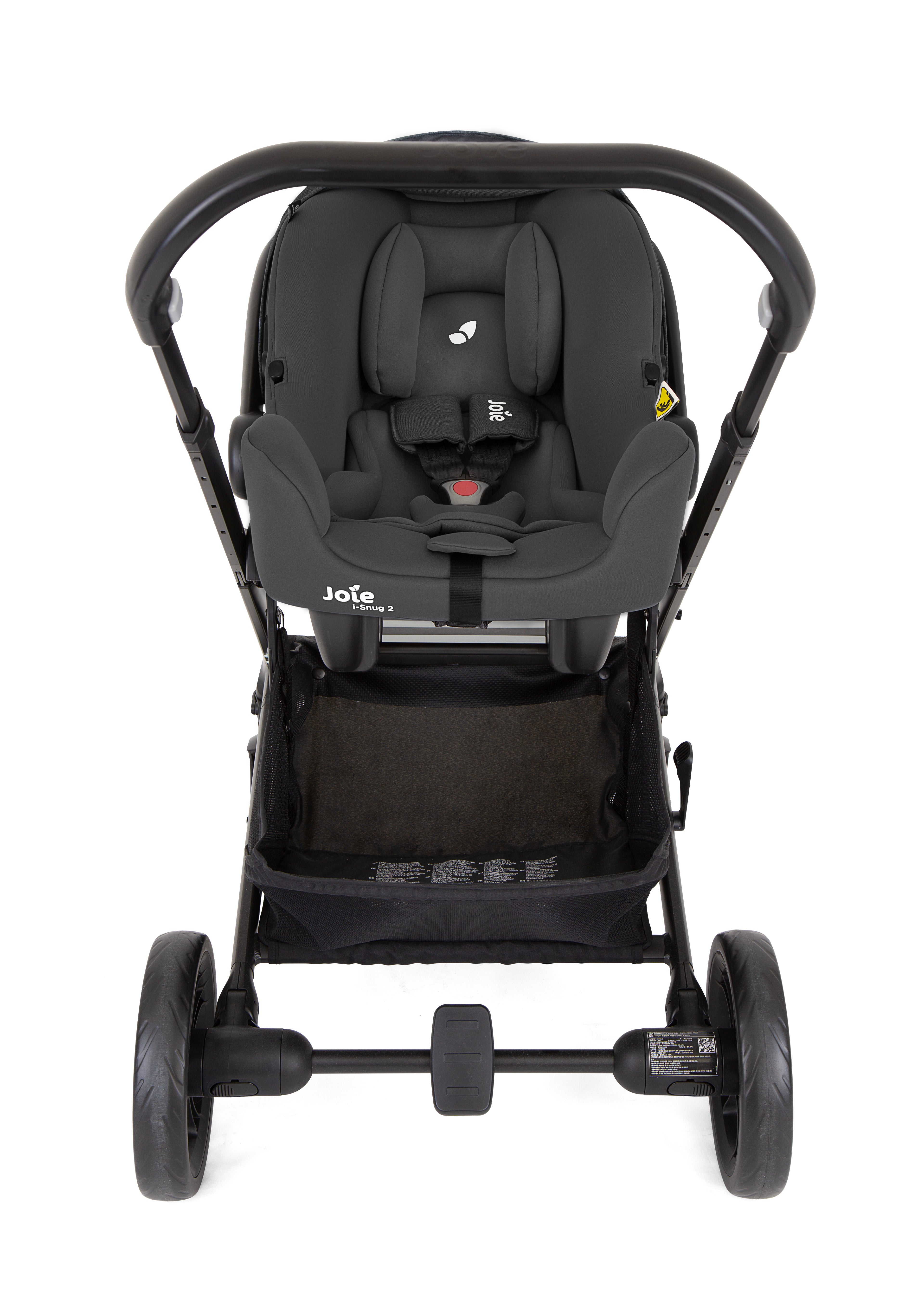 Ovo Joie i-Snug 2 (cadeira auto bebé) instalado no chassis do carrinho Joie Chrome, vista frontal.
