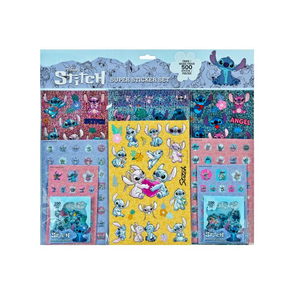 Embalagem do Creative Craft Super Conjunto de autocolantes Stitch e Angel, com mais de 500 autocolantes de vários tamanhos e designs dos personagens da Disney.