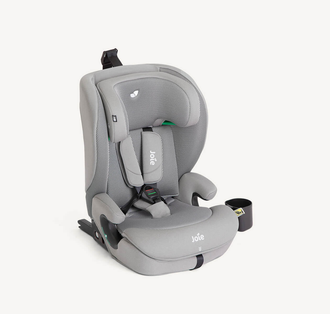 Cadeira auto Joie i-Irvana MAX em cinzento claro (Quartz), vista de três quartos, com arnês de 5 pontos.