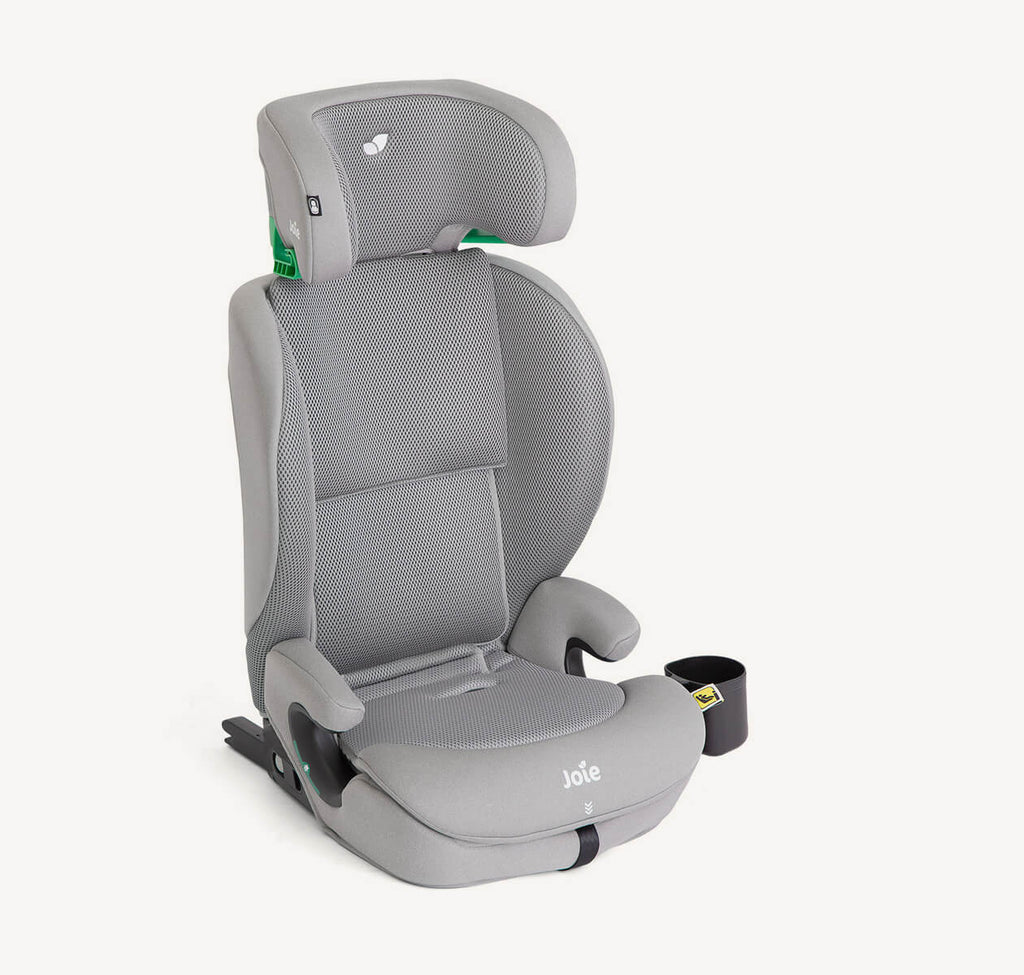 Cadeira auto Joie i-Irvana MAX em cinzento claro (Quartz), em modo elevador com encosto, vista de três quartos.