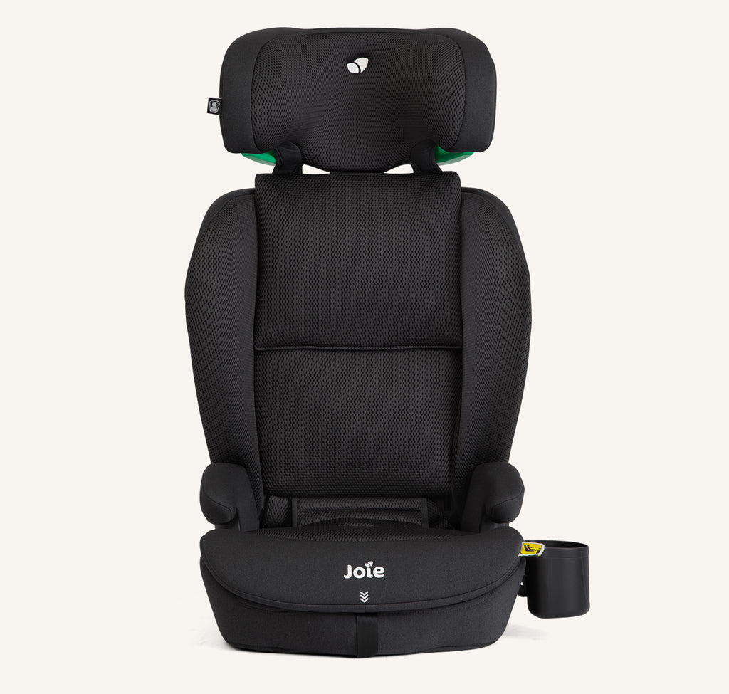 Cadeira auto Joie i-Irvana MAX em preto (Mercury), em modo elevador com encosto, vista frontal.