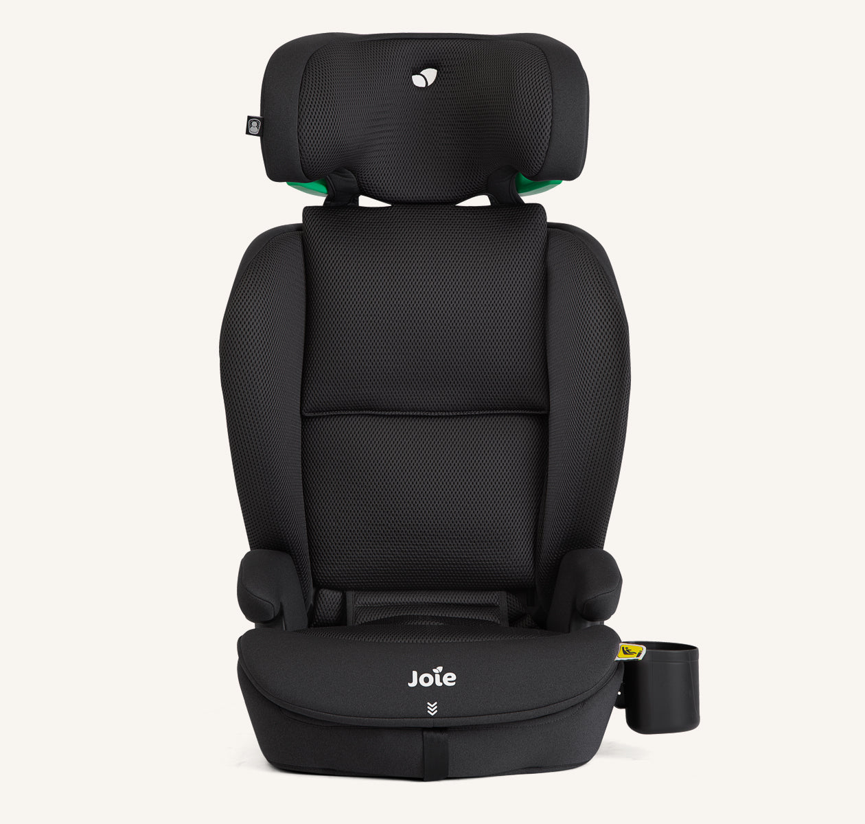 Cadeira auto Joie i-Irvana MAX em preto (Mercury), em modo elevador com encosto, vista frontal.