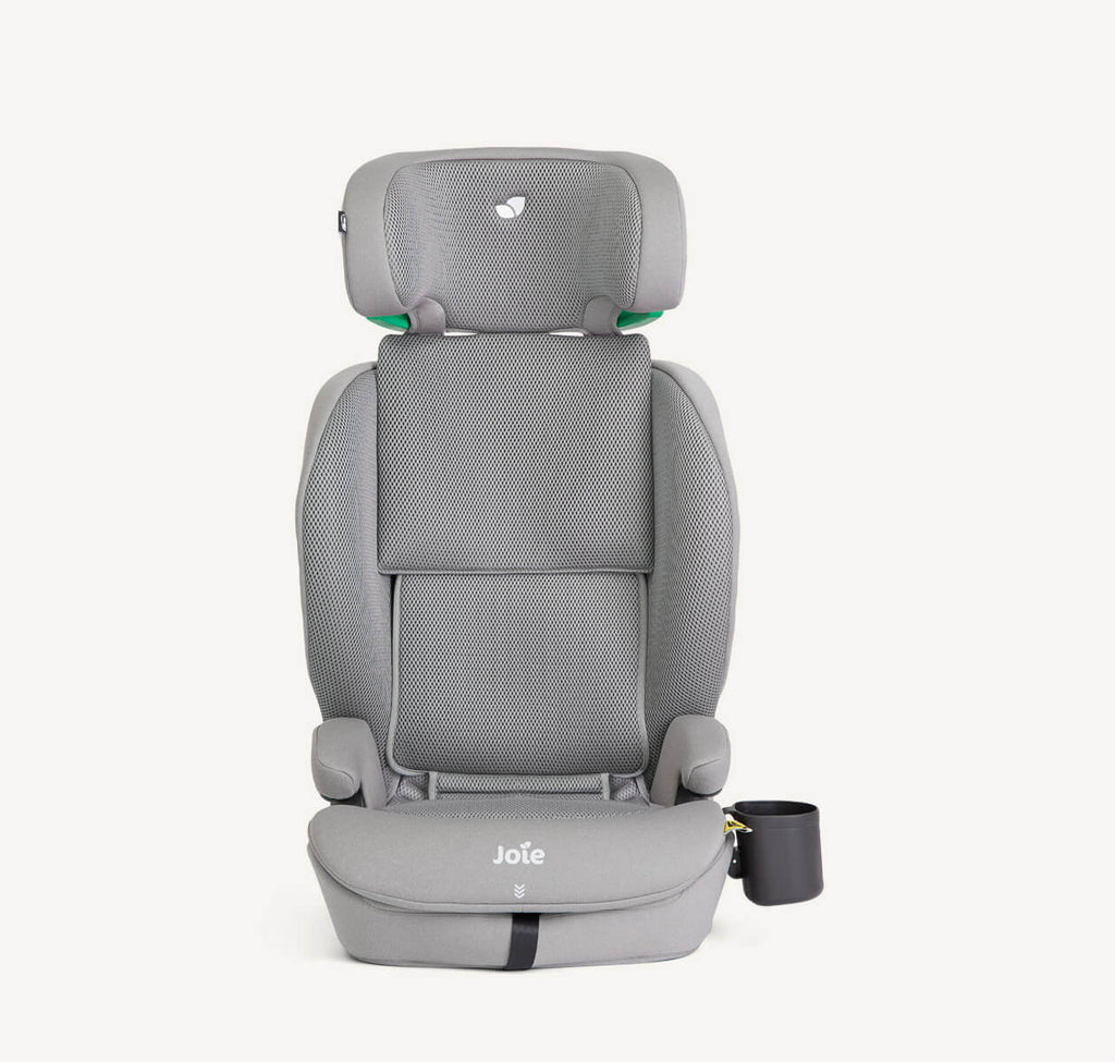 Cadeira auto Joie i-Irvana MAX em cinzento claro (Quartz), em modo elevador com encosto, vista frontal.