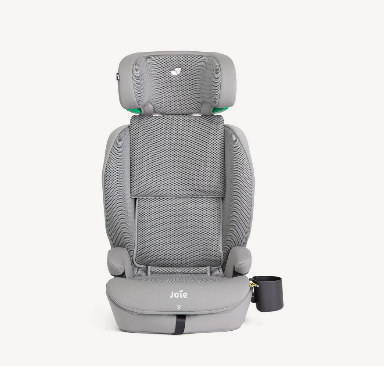 Cadeira auto Joie i-Irvana MAX em cinzento claro (Quartz), em modo elevador com encosto, vista frontal.