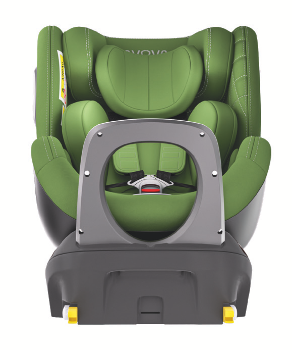 Imagem mostra a cadeira auto Avova SPERBER-FIX i-Size na cor verde, destacando o design acolchoado e os conectores ISOFIX na base.