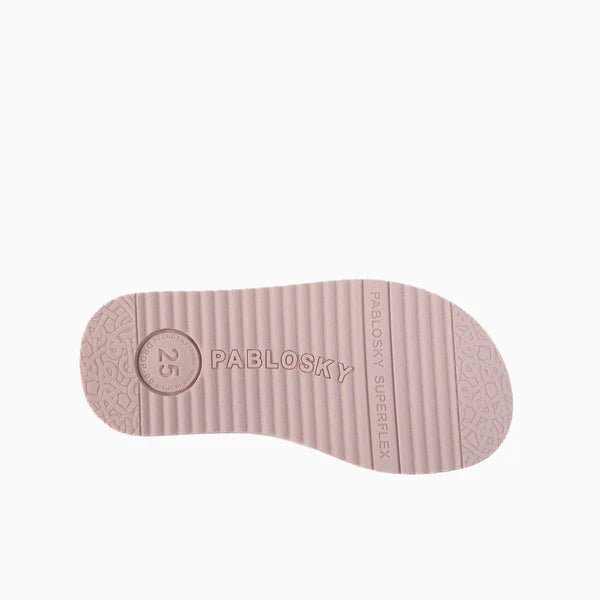 Sola de sandália barefoot Pablosky cor de rosa claro, fina e flexível, com ranhuras, indicando tamanho 25 e a inscrição "PABLOSKY SUPERFLEX".