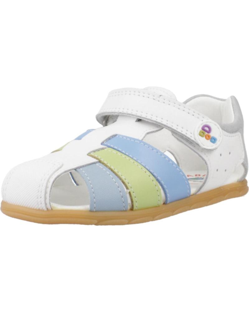 Sandália Pablosky Barefoot em pele branca com detalhes em azul e verde, vista frontal em ângulo, mostrando o fecho de velcro.