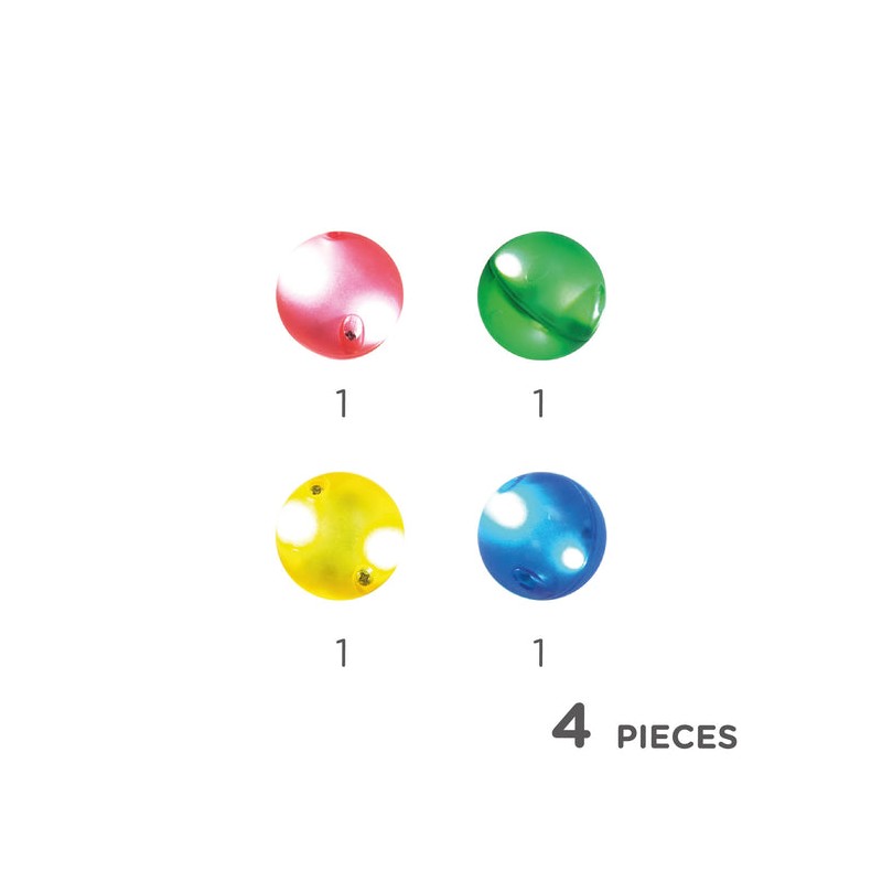 Ilustração de quatro bolas coloridas (rosa, verde, amarelo e azul) com o número 1 por baixo de cada uma, e a indicação "4 PIECES" no canto inferior direito.
