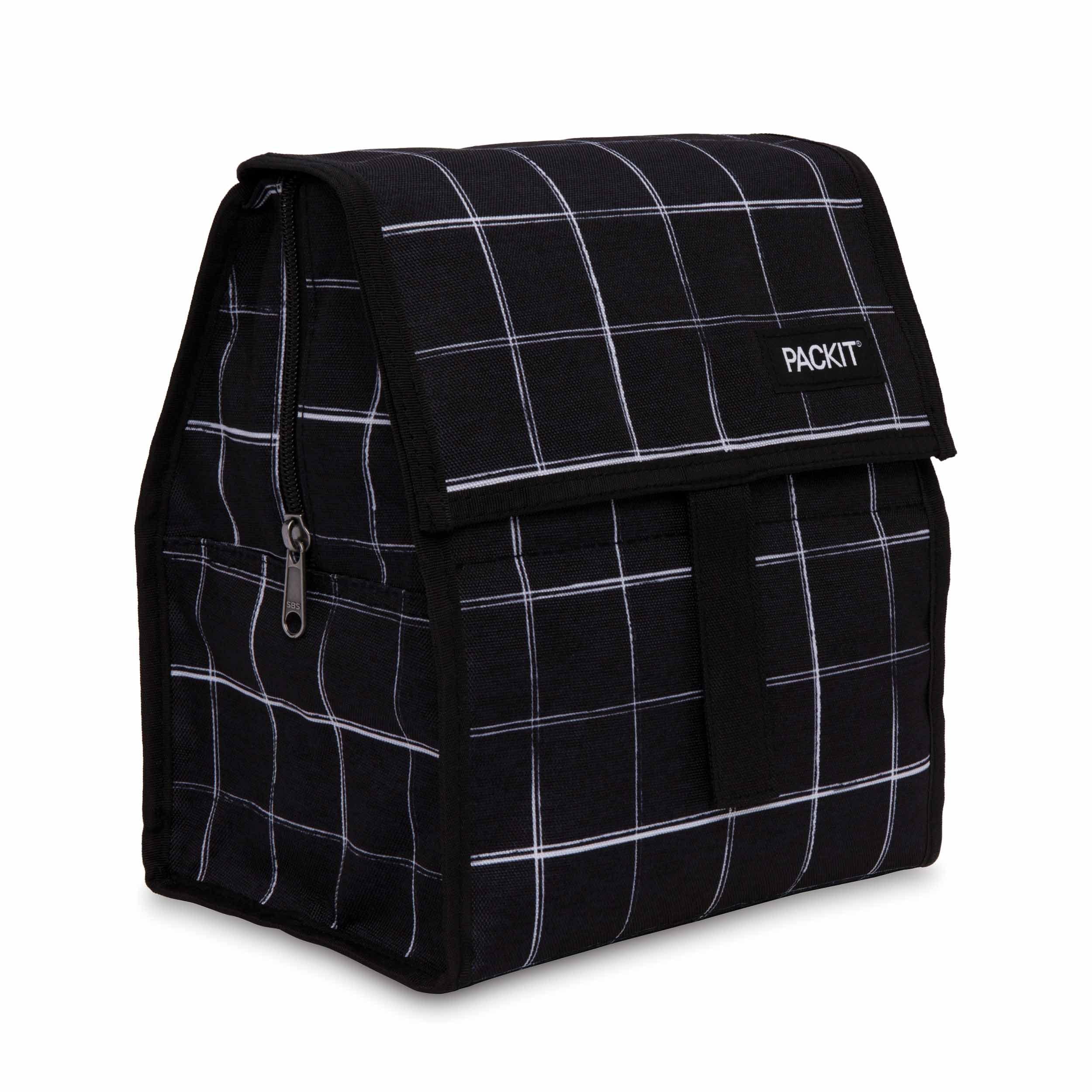 Packit Lunch Bag Black Grid fechada, mostrando o padrão quadriculado preto e branco e a alça de fivela.