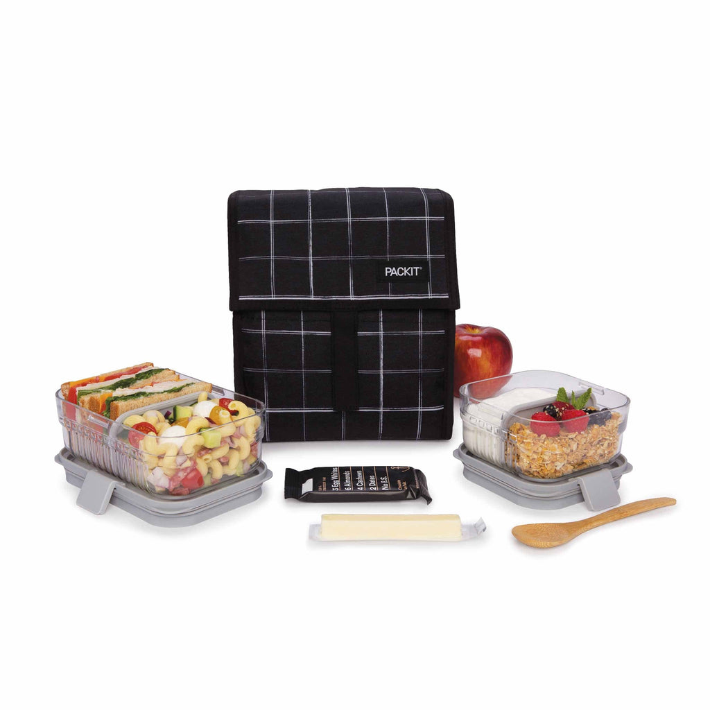 Lancheira Packit aberta, com dois recipientes Mod Lunch Bento encaixados, demonstrando a capacidade aumentada.