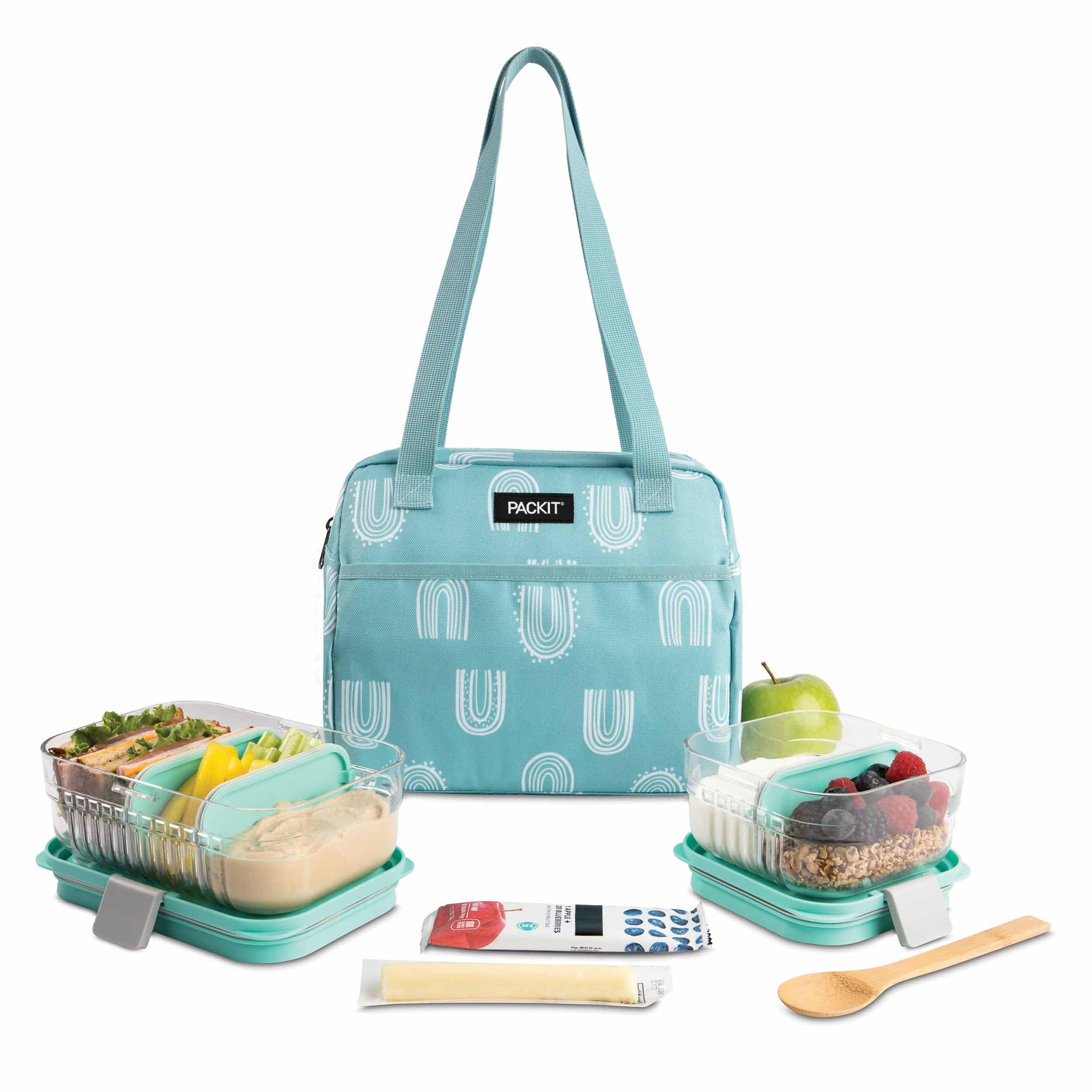Comparação visual da bolsa Packit Hampton aberta, demonstrando a capacidade de reter alimentos frescos por horas.