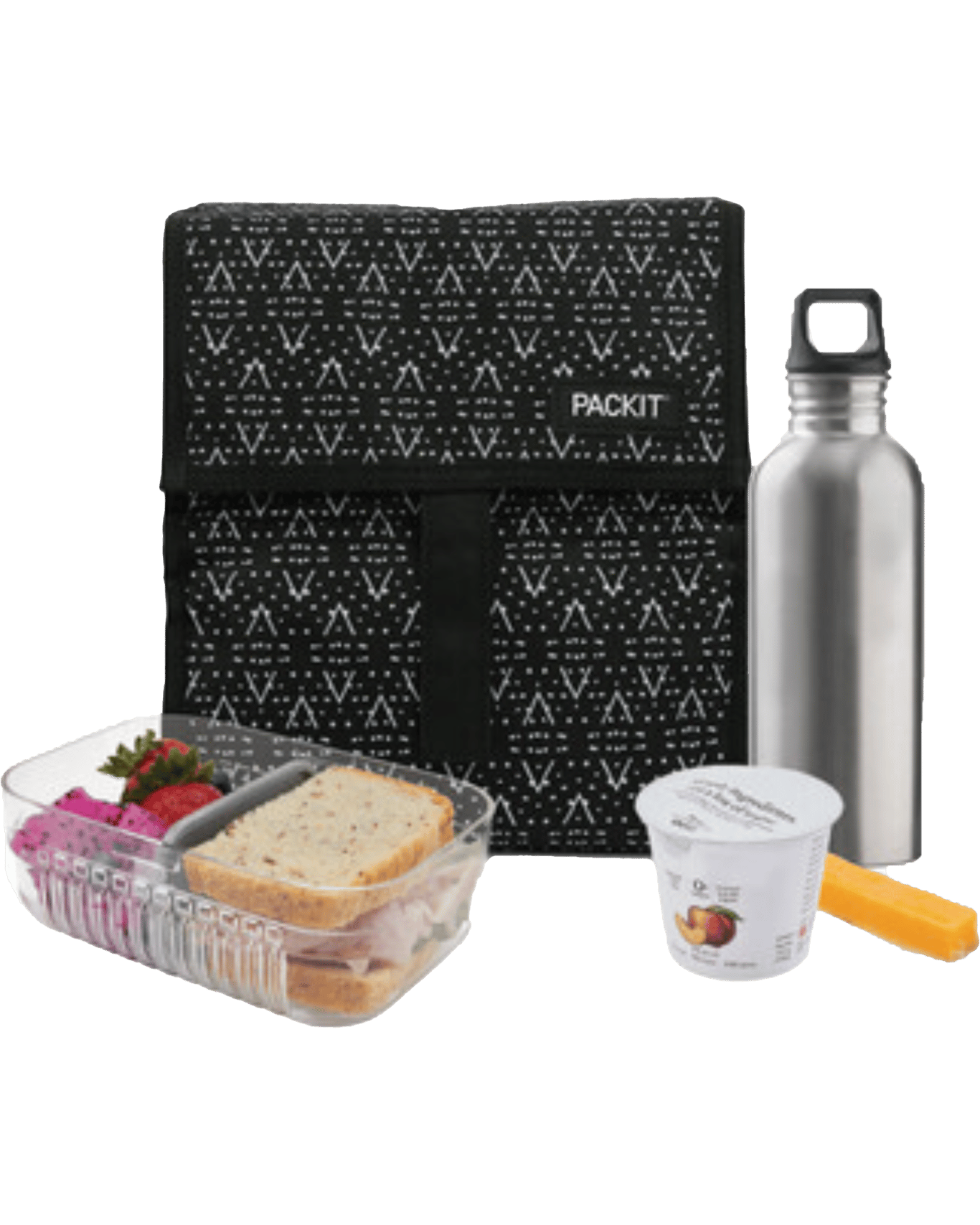 Packit Bolsa Lancheira Térmica Hampton Lunch Bag Desert Plains aberta, mostrando o interior espaçoso e o padrão moderno de cor escura.
