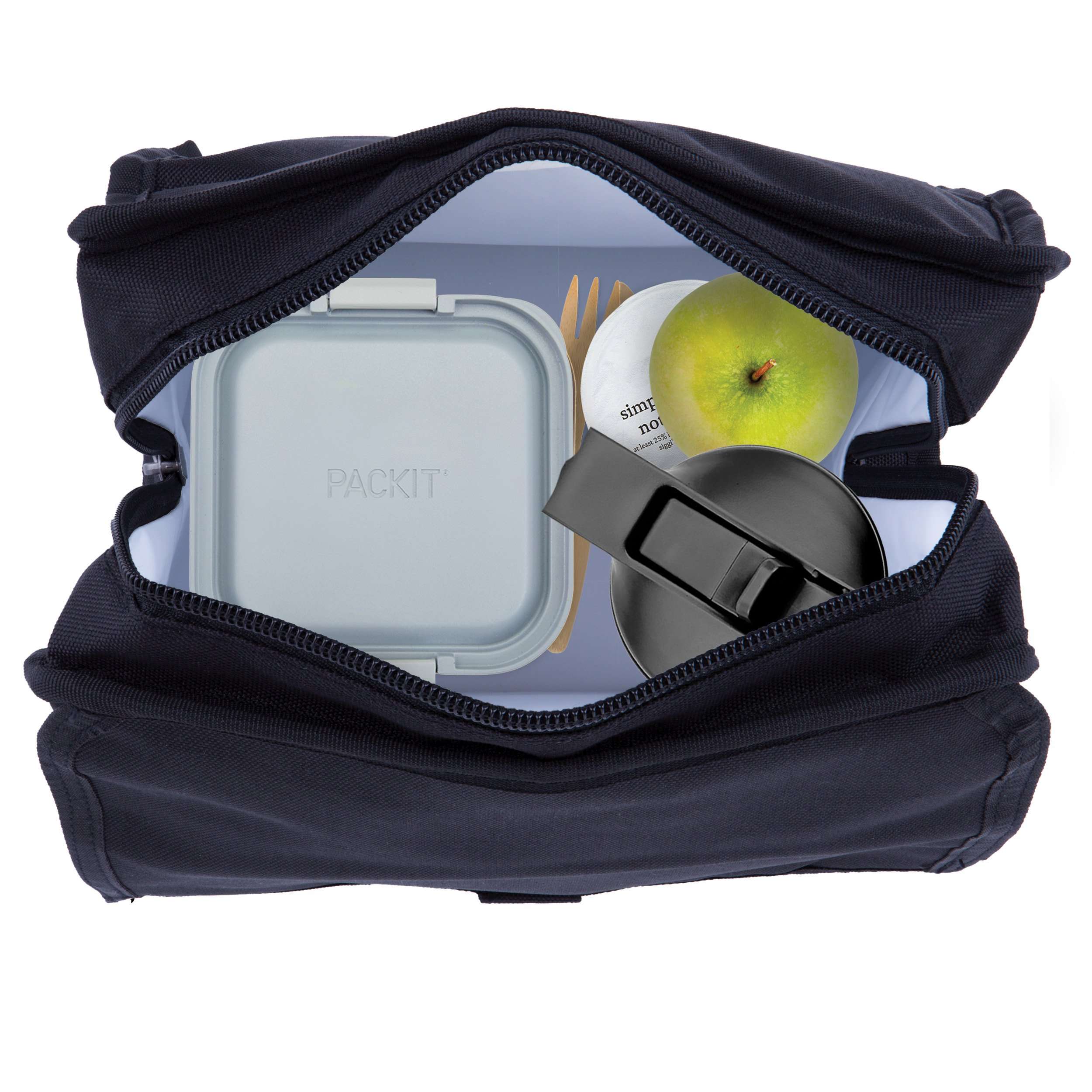 Lancheira Packit preta aberta, com dois recipientes Mod Lunch Bento e um Mod Snack Bento no interior, demonstrando a capacidade.