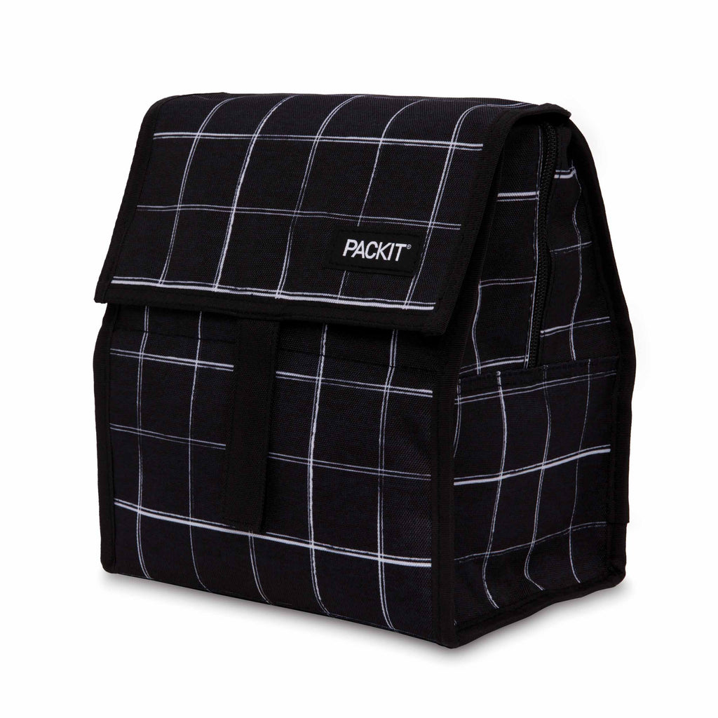 Packit Bolsa Lancheira Térmica preta com padrão de grelha branca, vista frontal isolada em fundo branco.