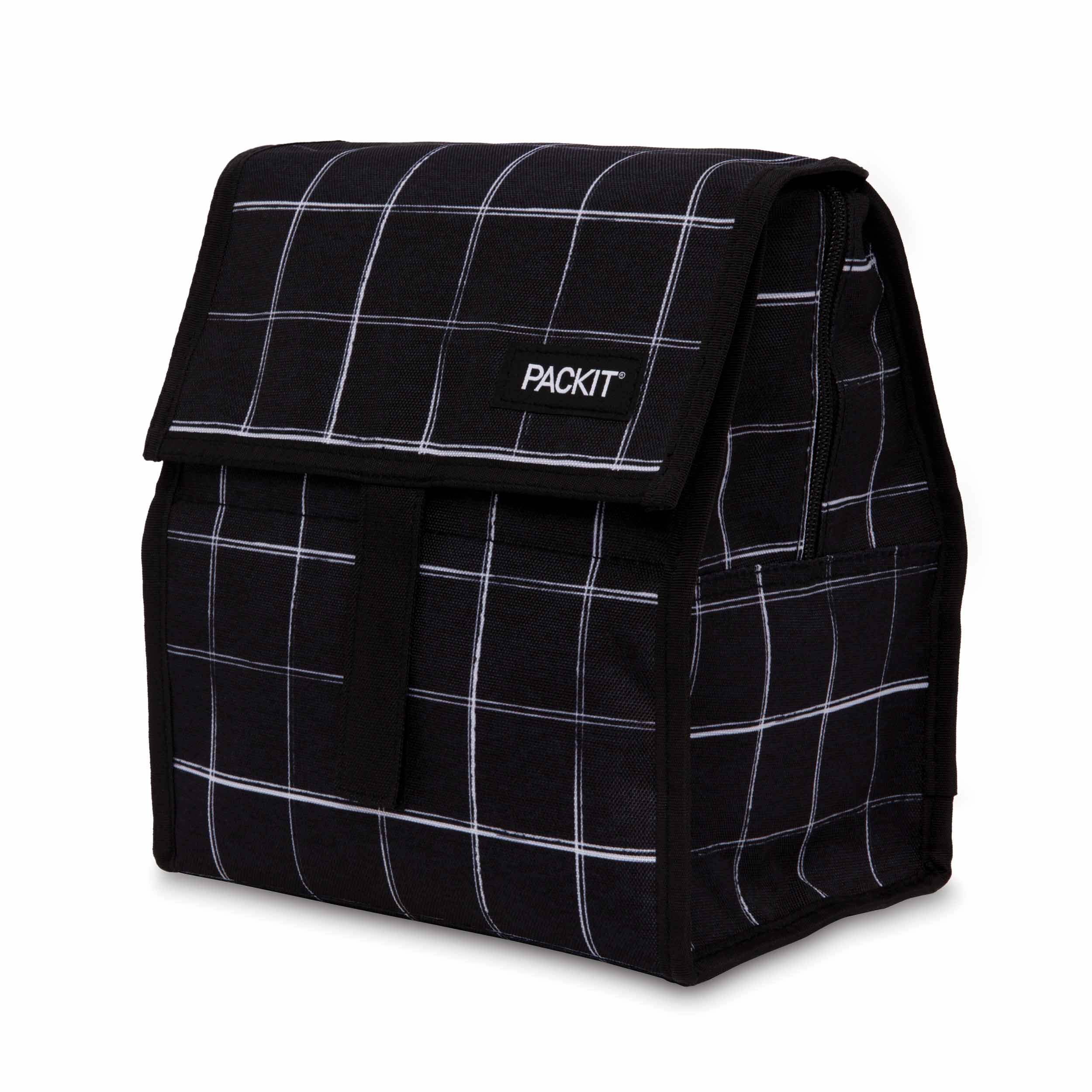 Packit Bolsa Lancheira Térmica preta com padrão de grelha branca, vista frontal isolada em fundo branco.
