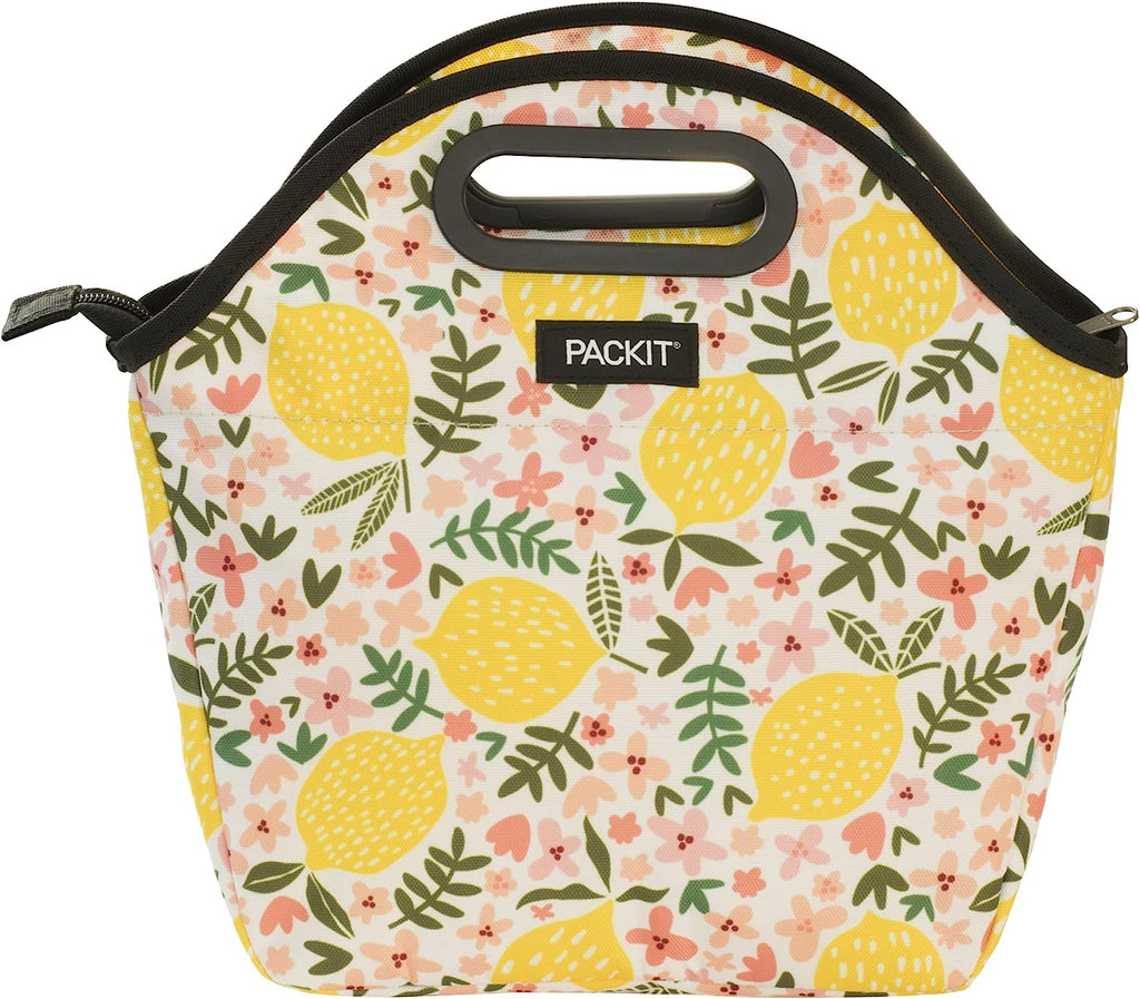 Packit Bolsa Lancheira Térmica Travel Cooler com padrão alegre de limões amarelos e verdes, vista frontal fechada.
