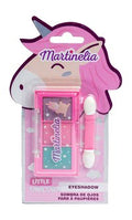 Paleta de sombras Martinelia "Little Unicorn" com tons de roxo, rosa e azul-turquesa, embalada em formato de unicórnio.