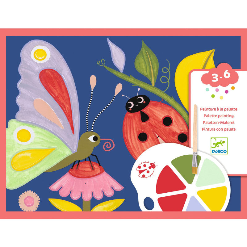 Kit de pintura Djeco Atividades de Pintar Insetos para crianças dos 3 aos 6 anos, com borboleta e joaninha coloridas e paleta de tintas.
