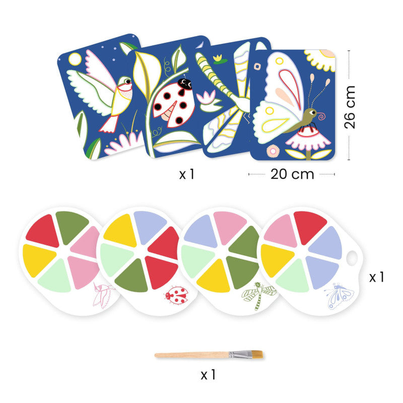 Conteúdo do kit Djeco Insetos: 4 quadros de pintura (26x20cm), 4 paletas de tinta e 1 pincel.