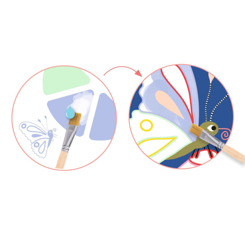 Demonstração do uso da tinta e pincel no kit Djeco Atividades de Pintar Insetos, mostrando a aplicação numa borboleta.